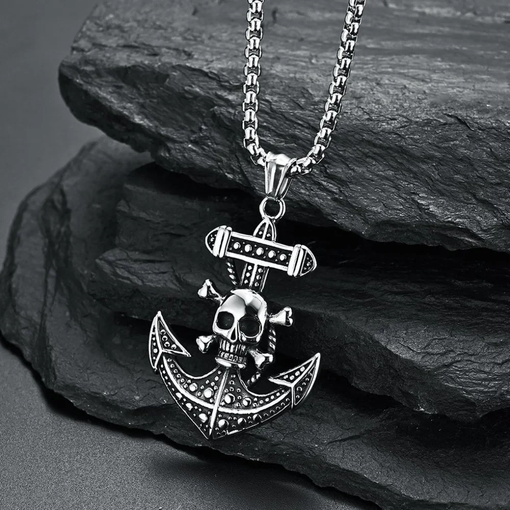 ❤️Halloween style Viking skull bat anchor necklace, N90201P146